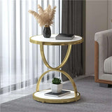 2 Tier Tempered Glass Side Table | Luxury Round Accent Table with Marble Top and Metal Frame | American Modern Style End Table for Living Room and Bedroom