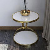 2 Tier Tempered Glass Side Table | Luxury Round Accent Table with Marble Top and Metal Frame | American Modern Style End Table for Living Room and Bedroom