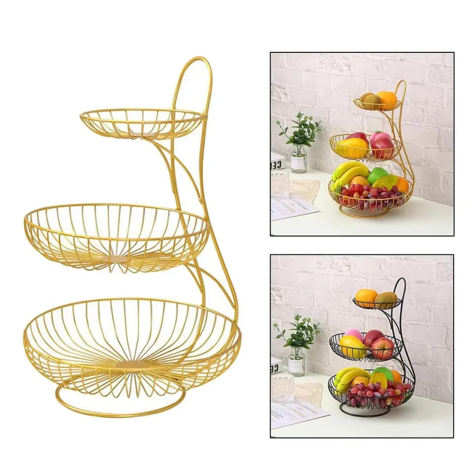 3 Tier Nordic Metallic Fruit and Vegetable Basket Rack | Carbon Steel Organizer in Black and Gold | 40x22x33cm