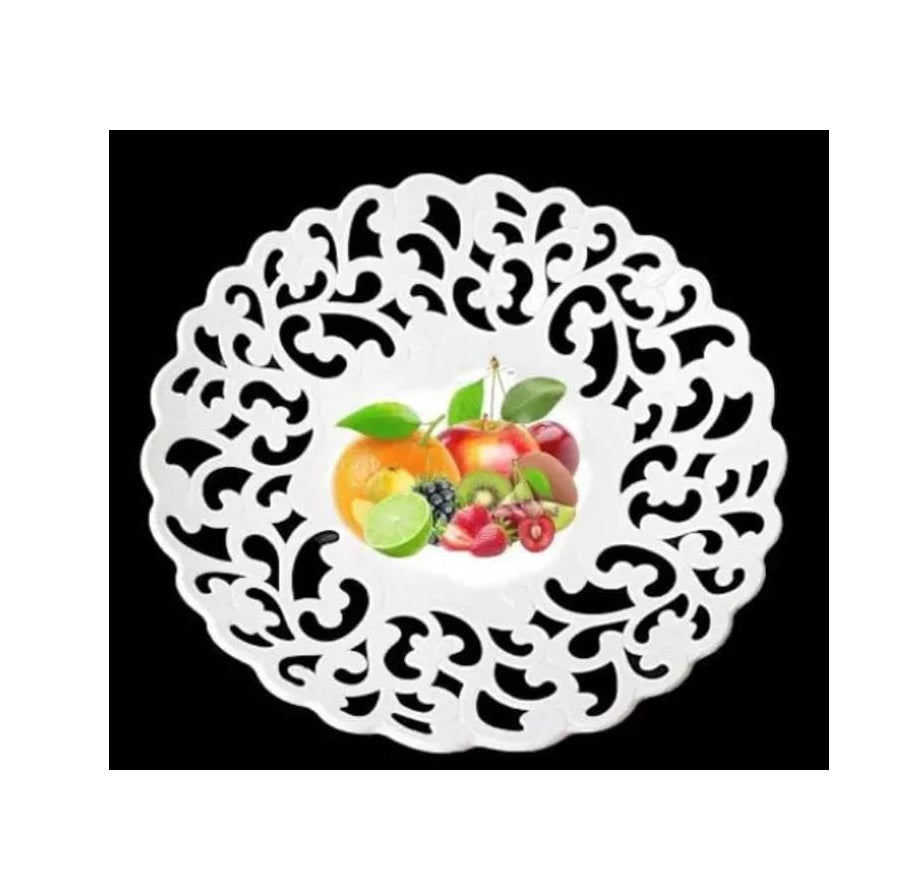 Plastic Round Deep Fruits Tray | Decorative 33cm White Fruit Serving Bowl with Colorful Designs