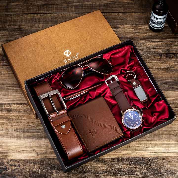 6in1 Jesou Men's Gift Set | Watch, Belt, Wallet, Glasses, Keyholder & Pen | Elegant Brown Accessories