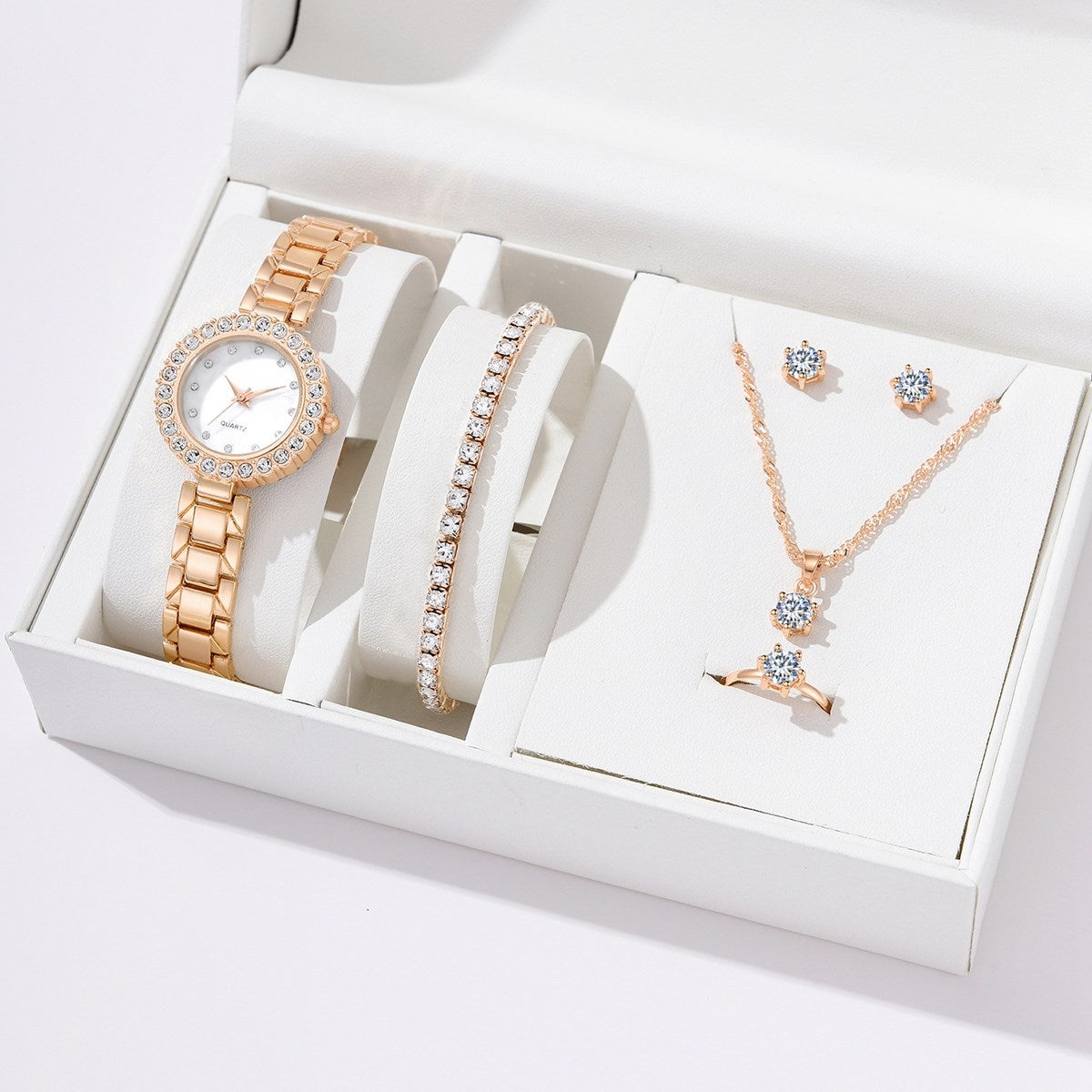 Furaha Finds 6in1 Elegant Ladies Rhinestone Encrusted Gift Set  Rose gold watch, necklace, 2 bracelets, earrings, and ring for formal occasions.