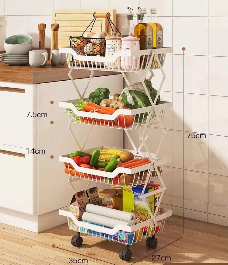 Foldable 4 Tier Storage Rack | Movable Multi-Layer Kitchen Vegetable/Fruit Shelf | Carbon Steel Rust-Proof Trolley | 35x25x75cm