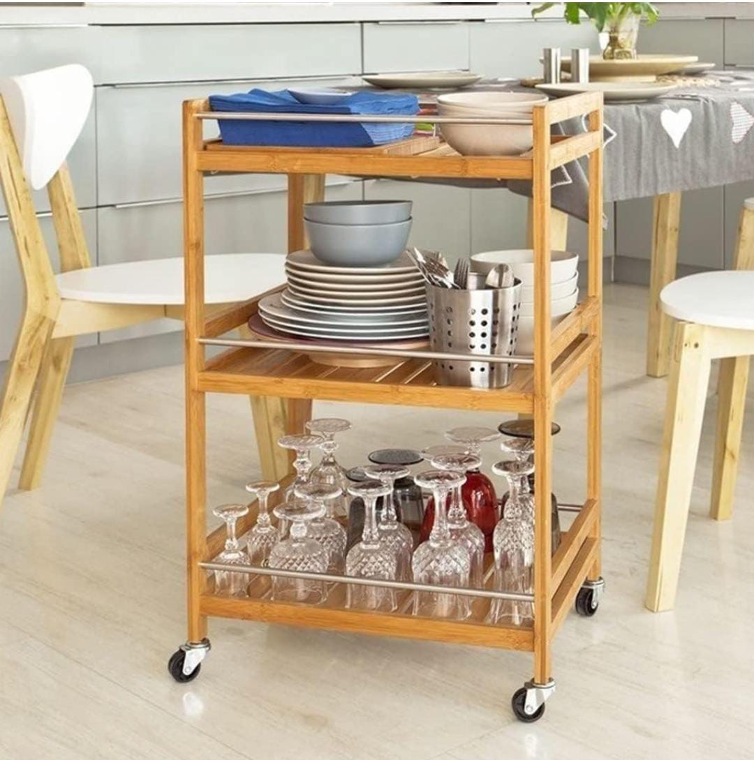 3 Tier Movable Organizer Cart | Multifunctional Bamboo Kitchen Serving Trolley with Wheels | Rolling Storage Cart for Dining and Bathroom