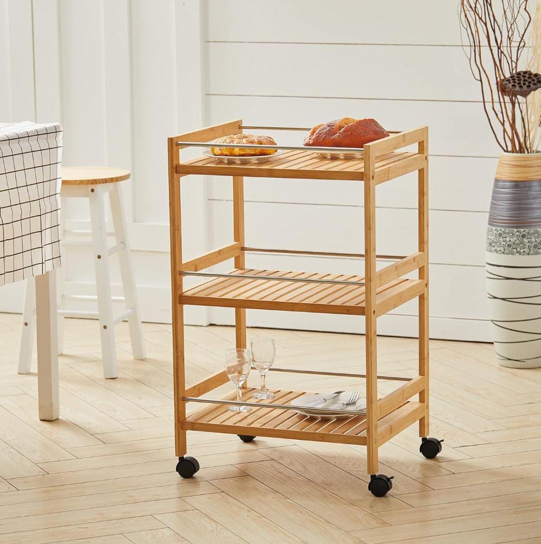 3 Tier Movable Organizer Cart | Multifunctional Bamboo Kitchen Serving Trolley with Wheels | Rolling Storage Cart for Dining and Bathroom