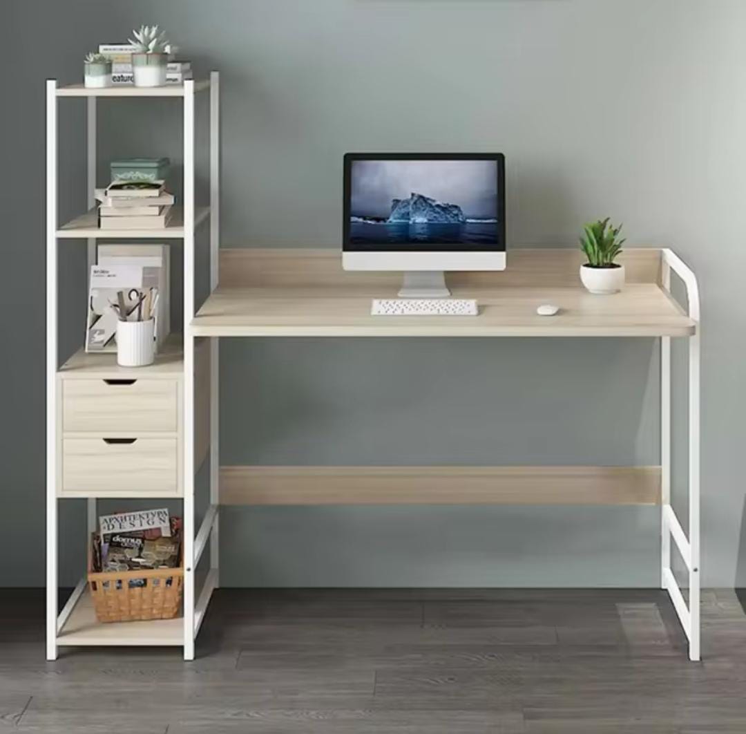 1.2 Meter Work Station Study Table | Modern Computer Desk with Bookshelf and Drawers | Home Office Furniture | White/Beige