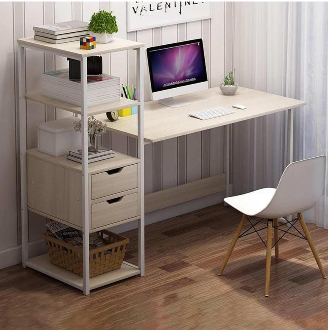 1.2 Meter Work Station Study Table | Modern Computer Desk with Bookshelf and Drawers | Home Office Furniture | White/Beige