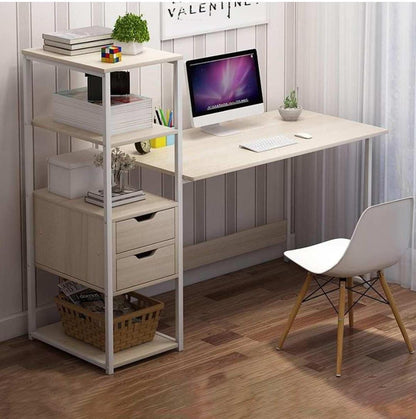 1.2 Meter Work Station Study Table | Modern Computer Desk with Bookshelf and Drawers | Home Office Furniture | White/Beige