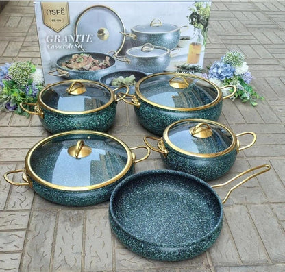 High Quality USFE Heavy 9-Piece Granite Cooking & Serving Pot Set | Elegant Green & Cream White