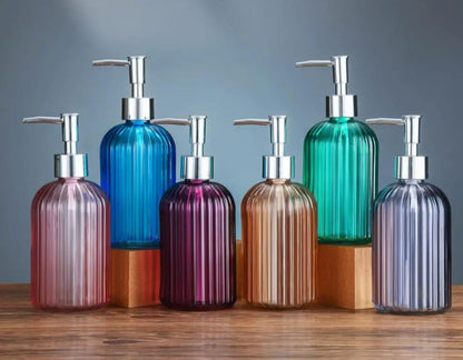 High Quality Glass Soap Dispenser | 420ml MultiPurpose Pump Bottle for Soap, Shampoo, and Lotion | Available in Purple, Grey, Pink, Yellow, and Orange