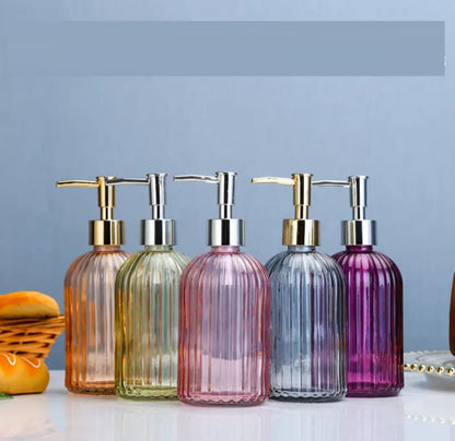 High Quality Glass Soap Dispenser | 420ml MultiPurpose Pump Bottle for Soap, Shampoo, and Lotion | Available in Purple, Grey, Pink, Yellow, and Orange