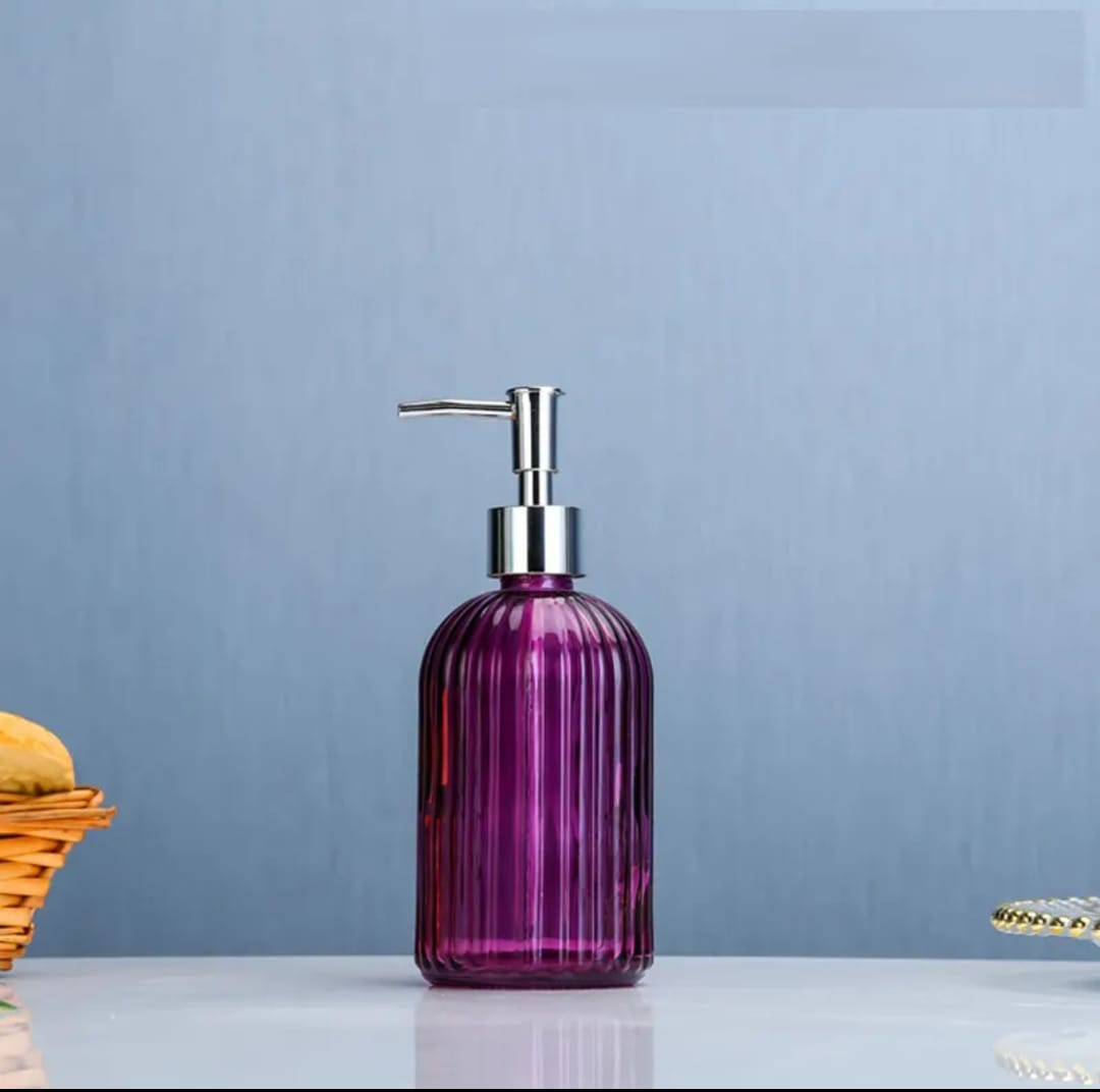 High Quality Glass Soap Dispenser | 420ml MultiPurpose Pump Bottle for Soap, Shampoo, and Lotion | Available in Purple, Grey, Pink, Yellow, and Orange