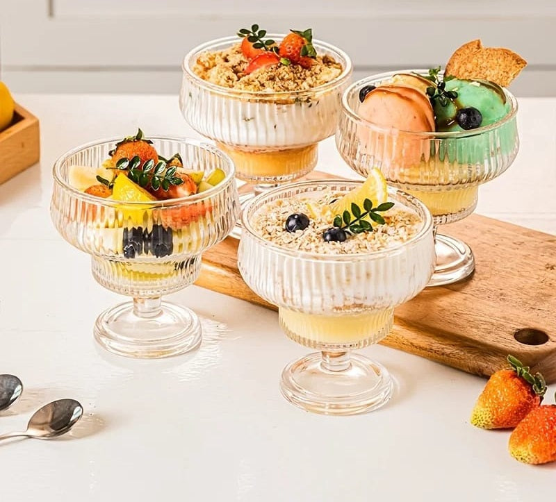 Vintage Style Ribbed Glass Dessert Cups | 250ml Pudding Cups | Machine Washable for Ice Cream, Fruit & Cocktails