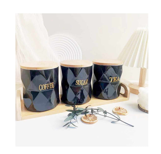 3pc Diamond Shaped Tea, Coffee, Sugar Canister Set | Black Ceramic Canisters with Bamboo Lids