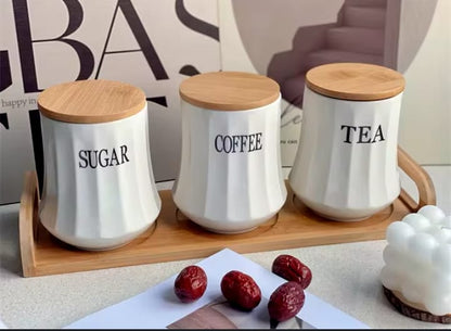 3pc White Ceramic Tea, Coffee, Sugar Canister Set with Bamboo Lids & Tray | 500ml Food Grade Storage Canisters