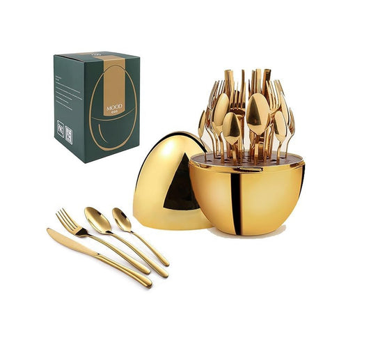 36pc Executive Egg Shaped Cutlery Set | Premium Rose Gold Stainless Steel Dinner Set with Oval Stand | Forks, Spoons, and Knives