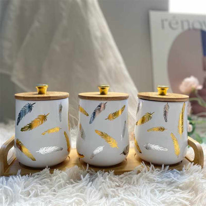 3pc Ceramic Sugar Dish Set with Bamboo Lids | 800ml White with Gold Feather Design