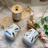 3pc Ceramic Sugar Dish Set with Bamboo Lids | 800ml White with Gold Feather Design