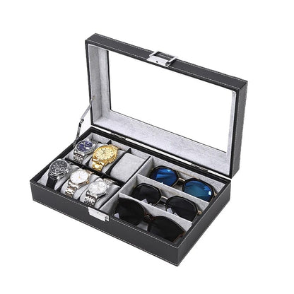 6+3 Slots PU Leather Watch and Sunglass Organizer Box | Multifunctional Display Holder for Men and Women Accessories | Effective Storage for Watches and Sunglasses