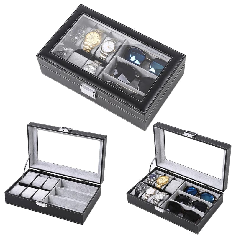 6+3 Slots PU Leather Watch and Sunglass Organizer Box | Multifunctional Display Holder for Men and Women Accessories | Effective Storage for Watches and Sunglasses