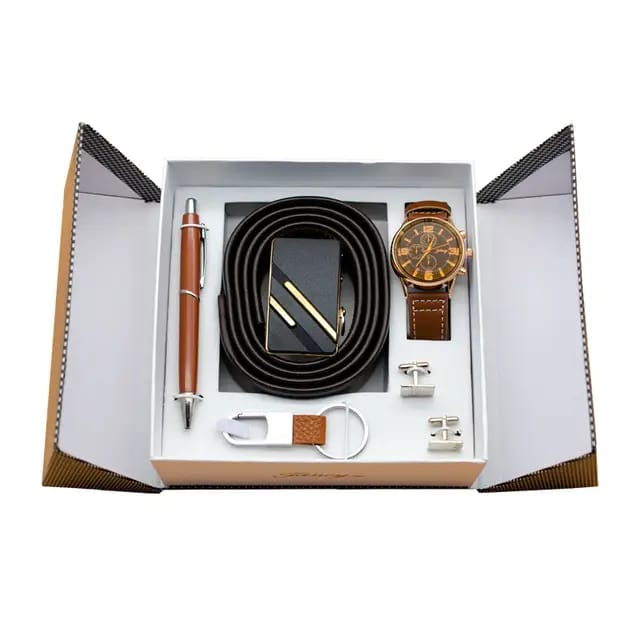 Luxury Mens 5 piece Gift set Belt Wristwatch Key Ring Pen & Cufflinks