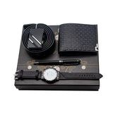 4Pcs Fashion Men’s Gift Set | Quartz Wrist Watch, Leather Belt, Folding Wallet, and Signing Pen | Business Gift for Men