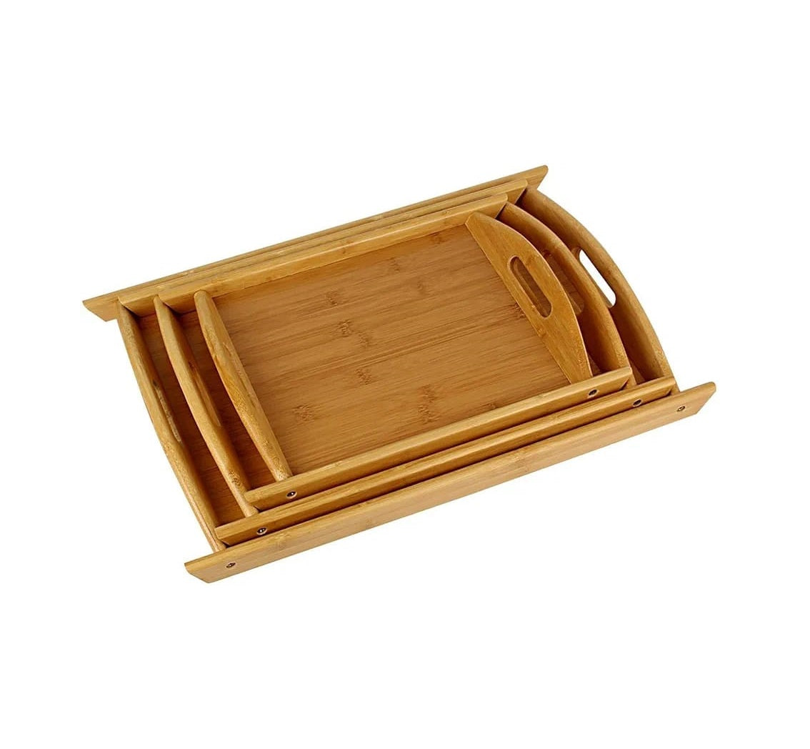 High Quality Multifunctional Bamboo Serving Trays Set | 3 Piece Set for Coffee, Dinner, Lunch, Hotel Use | Long Handle Design