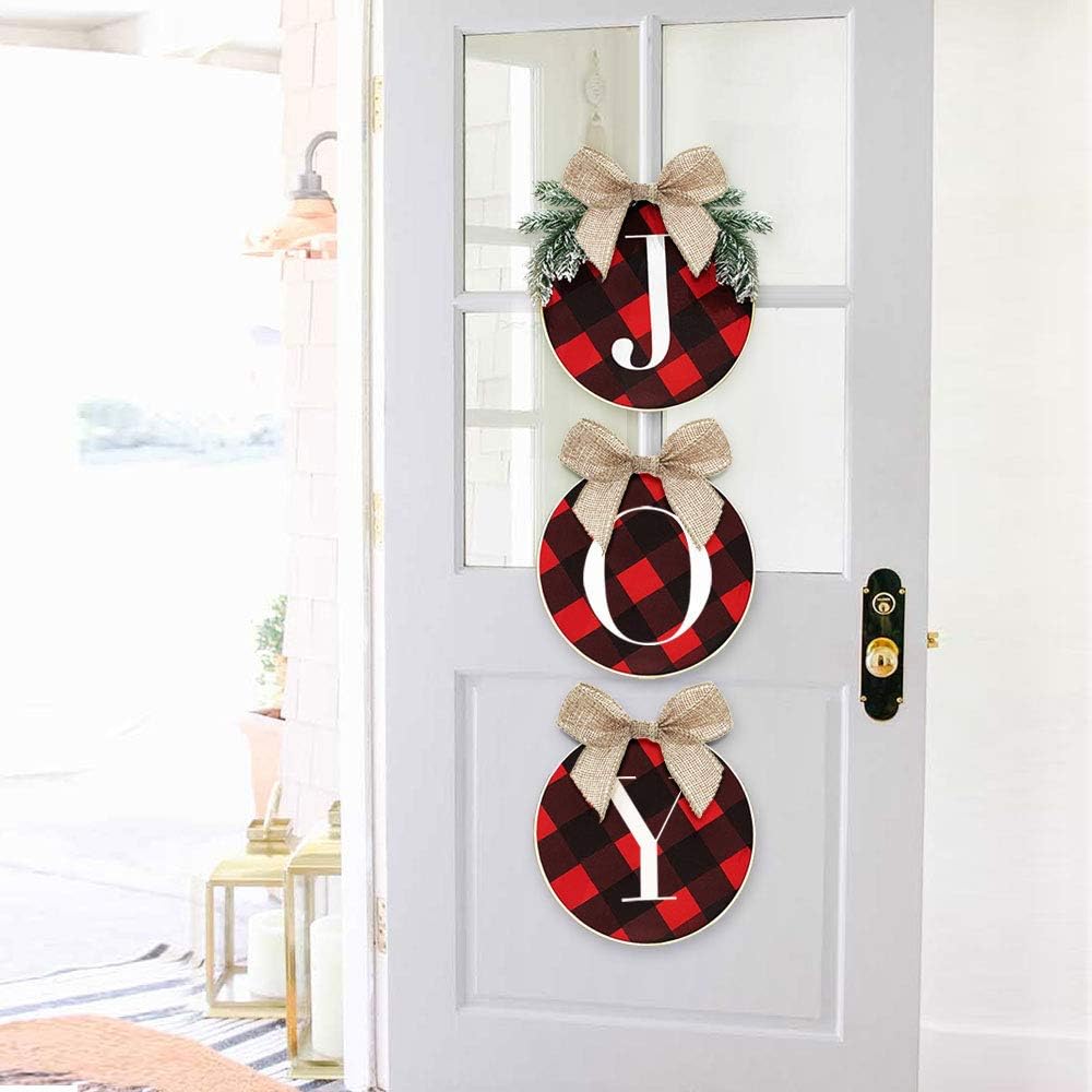 Christmas Wreath with Joy Sign | Buffalo Plaid Xmas Wreath Decoration for Door, Window, Wall | Indoor & Outdoor Holiday Décor