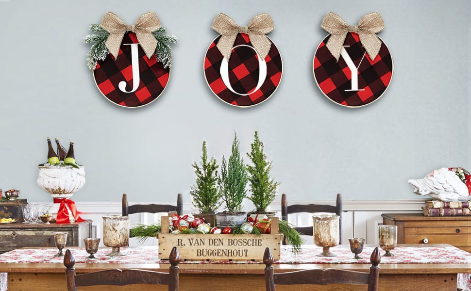 Christmas Wreath with Joy Sign | Buffalo Plaid Xmas Wreath Decoration for Door, Window, Wall | Indoor & Outdoor Holiday Décor