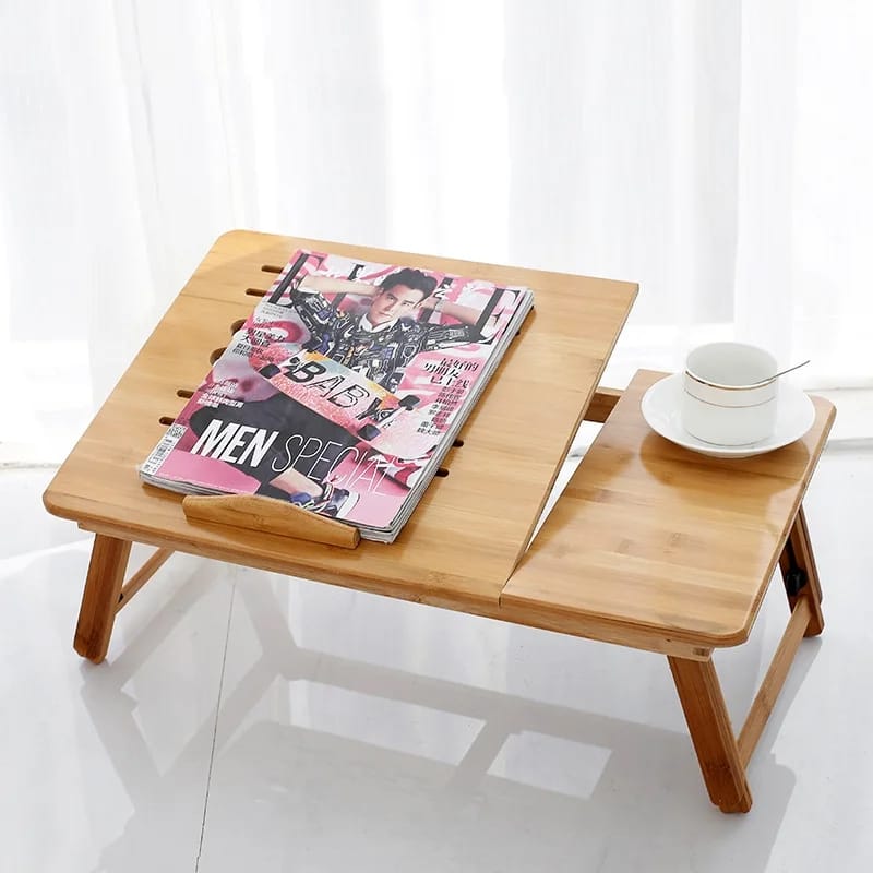 Foldable Bamboo Laptop Table with Double Fans & Drawer | Adjustable Portable Bedside Laptop Tray | Natural Bamboo Bed Table