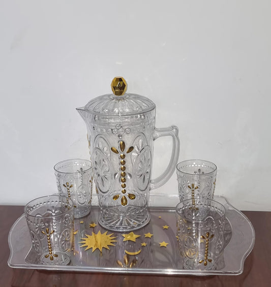 Acrylic Water Set | 2.3L Jug with Tray & 4 Tumblers (290ml) | Available in 3 Elegant Designs