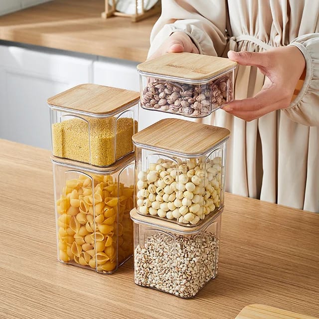 8pcs Airtight Transparent Acrylic Food Storage Containers with Bamboo Lids | Pantry Organizer Set for Cereal, Dry Food, Pasta, Snacks | Dishwasher Safe