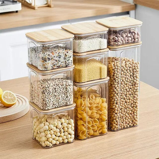 8pcs Airtight Transparent Acrylic Food Storage Containers with Bamboo Lids | Pantry Organizer Set for Cereal, Dry Food, Pasta, Snacks | Dishwasher Safe