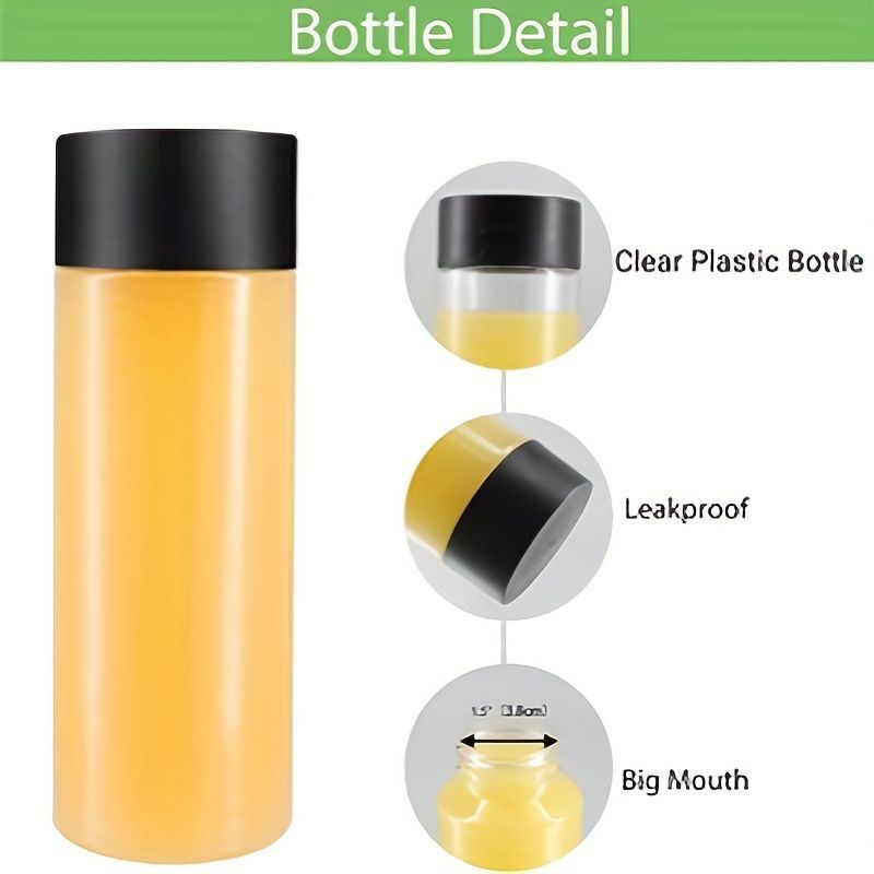 Set of 4 Reusable Juice Bottles | 350ml & 480ml PET Plastic Bottles with Black Lids | Freezable and Reusable