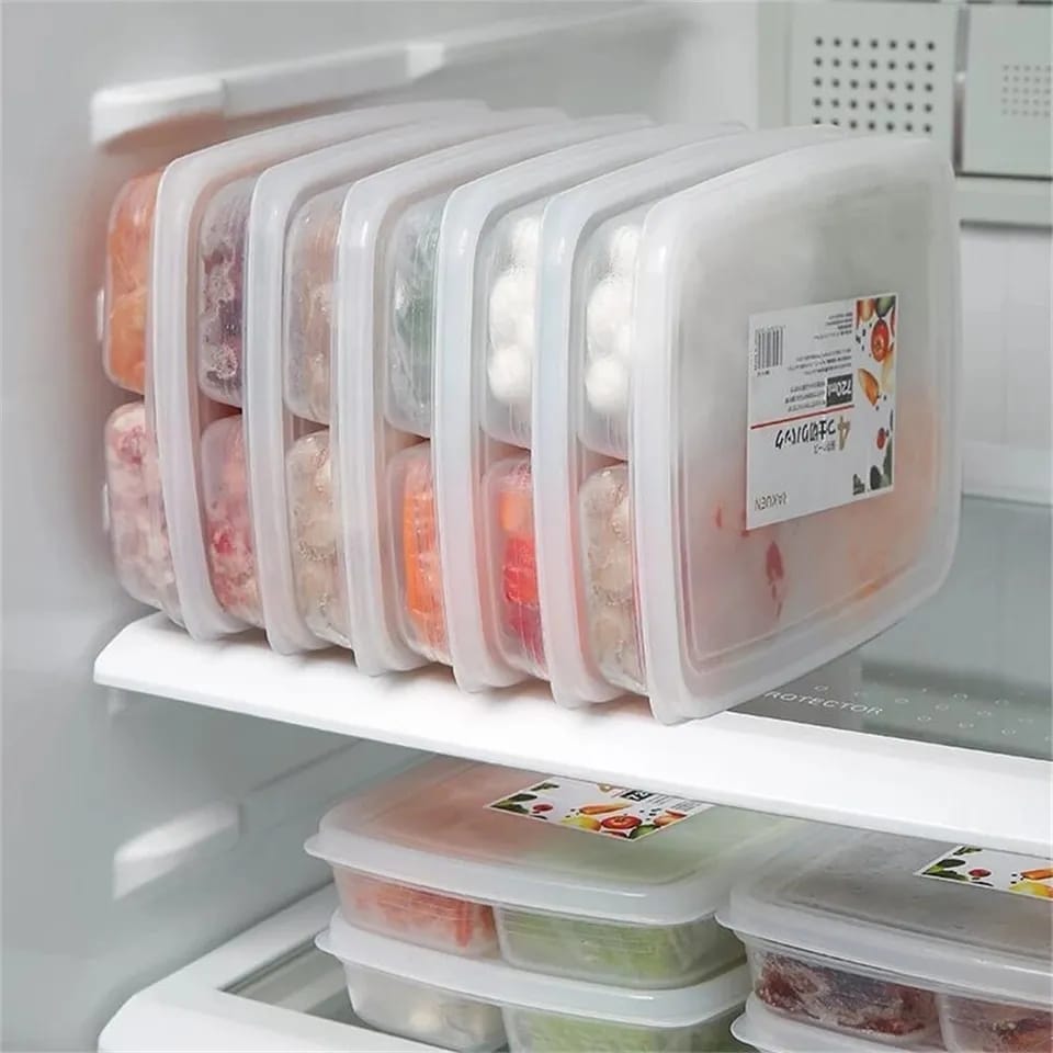 Compartment Fridge Containers | 4 Grid Side Food & Meat Organizer for Refrigerator | Clear Microwavable Storage Box for Kitchen Fridge & Freezer