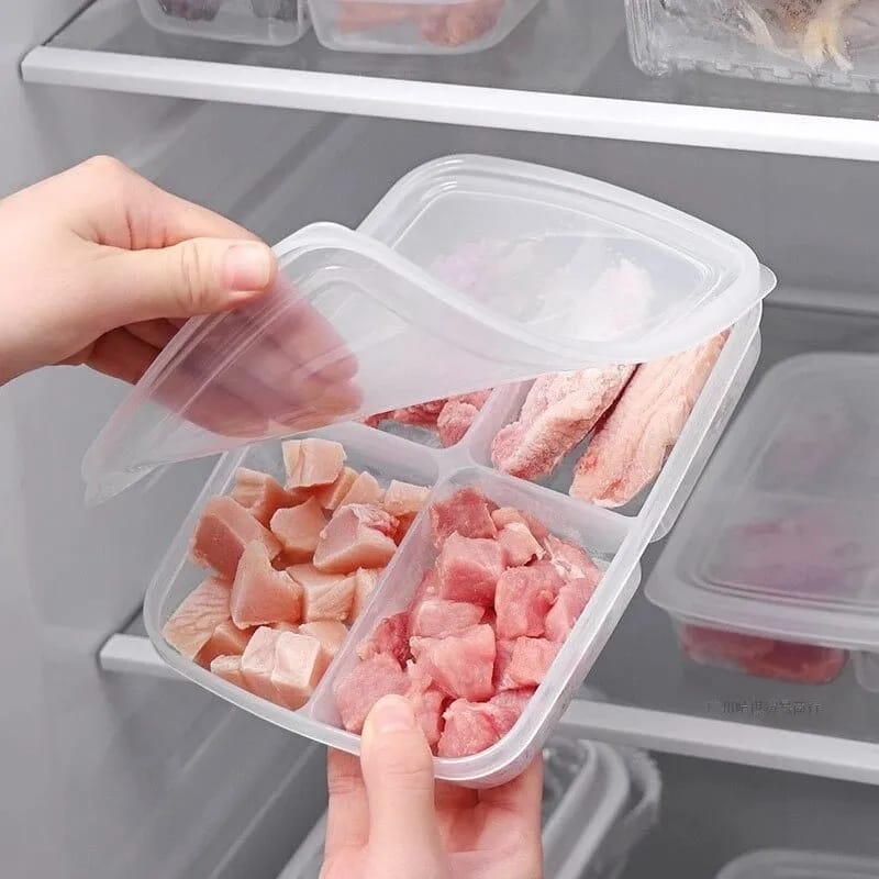 Compartment Fridge Containers | 4 Grid Side Food & Meat Organizer for Refrigerator | Clear Microwavable Storage Box for Kitchen Fridge & Freezer