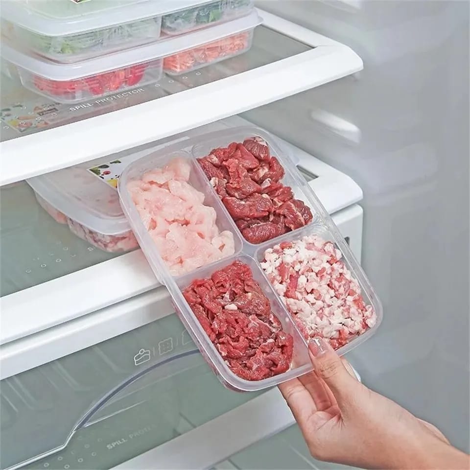 Compartment Fridge Containers | 4 Grid Side Food & Meat Organizer for Refrigerator | Clear Microwavable Storage Box for Kitchen Fridge & Freezer