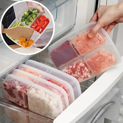 Compartment Fridge Containers | 4 Grid Side Food & Meat Organizer for Refrigerator | Clear Microwavable Storage Box for Kitchen Fridge & Freezer