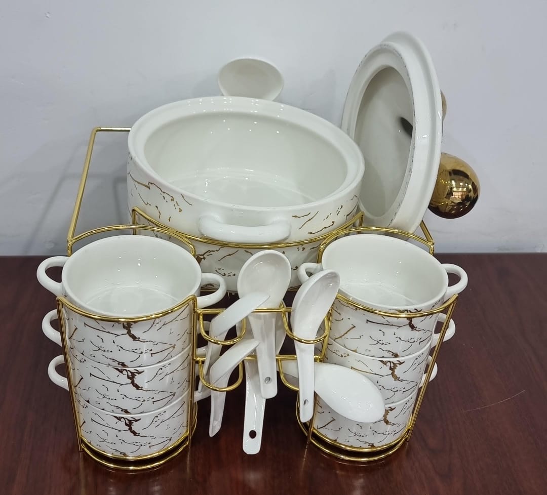 16pcs Marble Profile Ceramic Soup Set | Golden Stand with Burner | Elegant Dining Collection