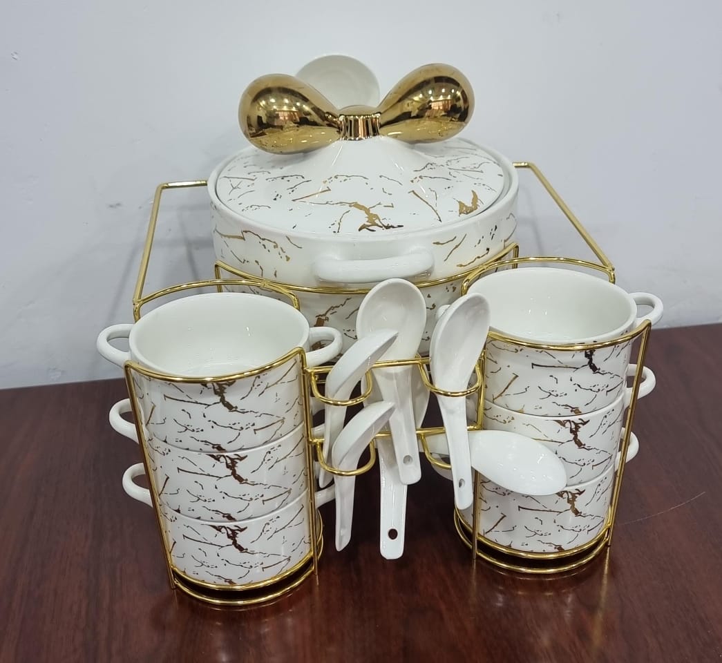 16pcs Marble Profile Ceramic Soup Set | Golden Stand with Burner | Elegant Dining Collection