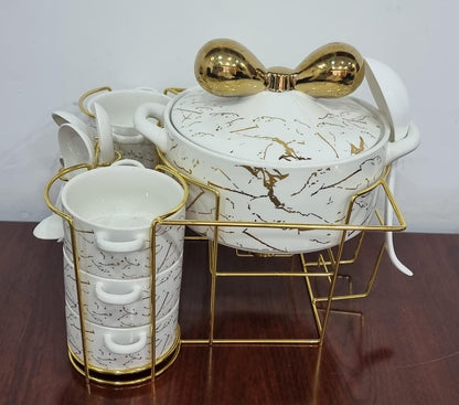 16pcs Marble Profile Ceramic Soup Set | Golden Stand with Burner | Elegant Dining Collection