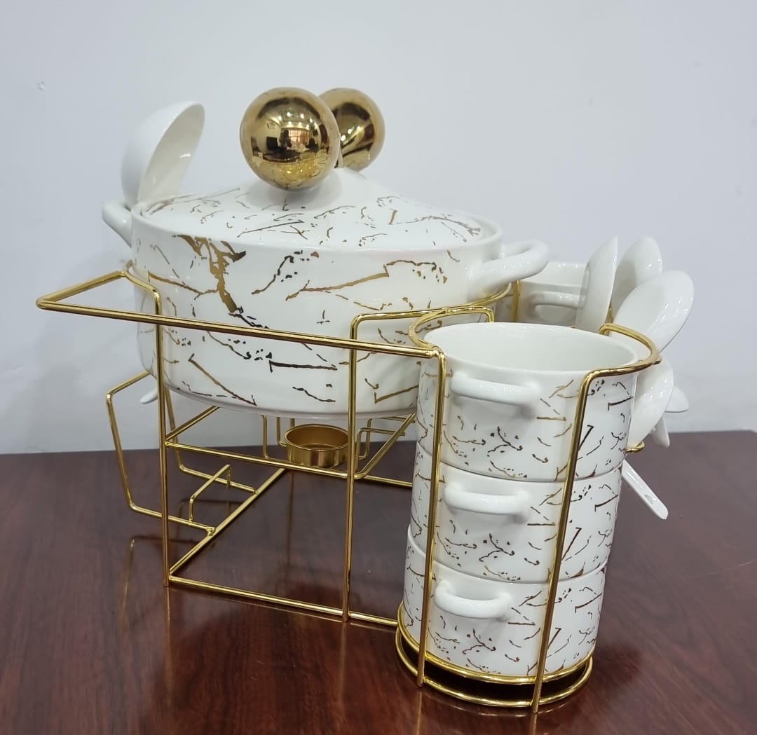 16pcs Marble Profile Ceramic Soup Set | Golden Stand with Burner | Elegant Dining Collection