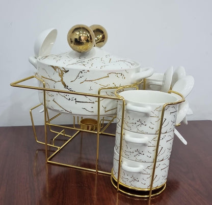 16pcs Marble Profile Ceramic Soup Set | Golden Stand with Burner | Elegant Dining Collection