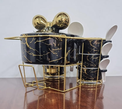 16pcs Marble Profile Ceramic Soup Set | Golden Stand with Burner | Elegant Dining Collection