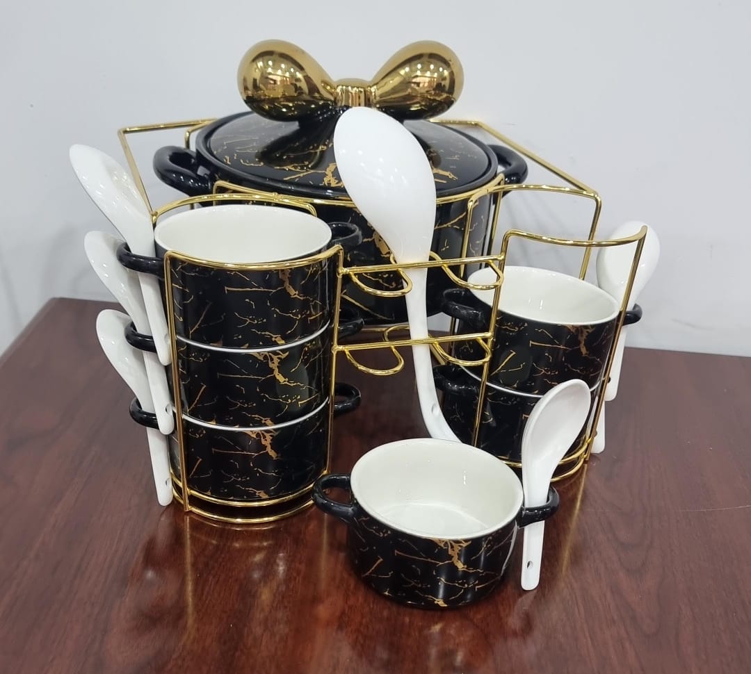 16pcs Marble Profile Ceramic Soup Set | Golden Stand with Burner | Elegant Dining Collection