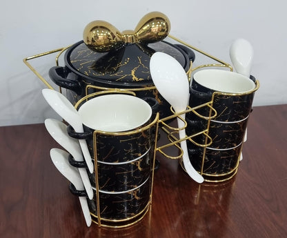 16pcs Marble Profile Ceramic Soup Set | Golden Stand with Burner | Elegant Dining Collection