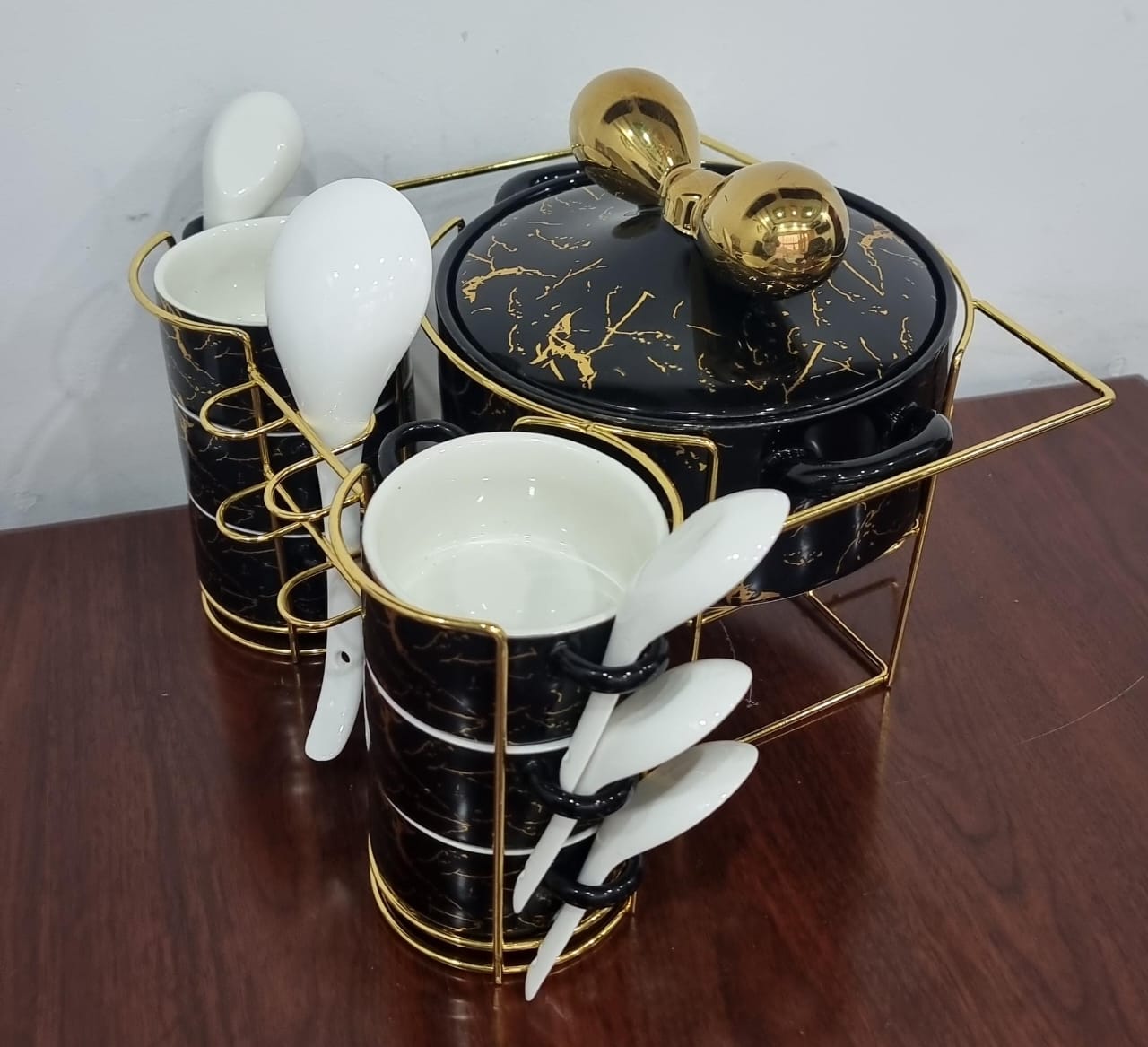 16pcs Marble Profile Ceramic Soup Set | Golden Stand with Burner | Elegant Dining Collection