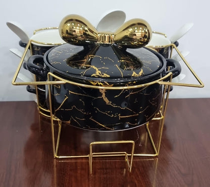 16pcs Marble Profile Ceramic Soup Set | Golden Stand with Burner | Elegant Dining Collection