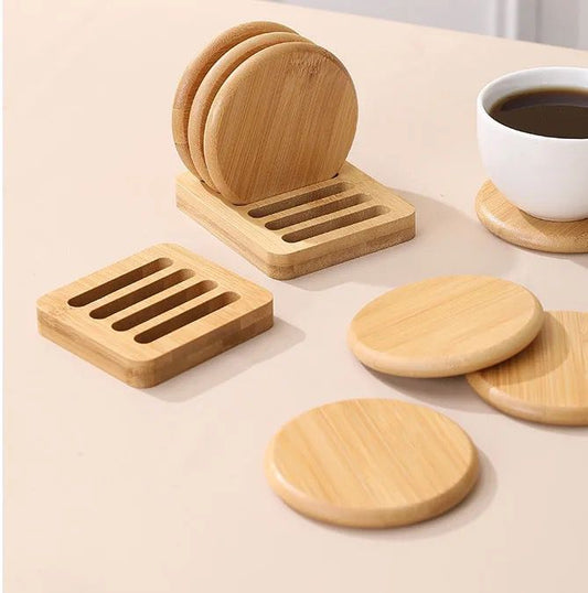 Eco Friendly Heavy Duty Bamboo Coasters | 6pcs Set with Holder Rack | Durable & Stylish Drink Coasters