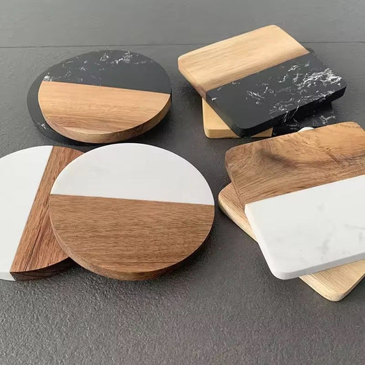 Premium Quality Heavy Marble & Wood Splicing Coasters | 6pcs Set | Stylish & Durable Drink Coasters